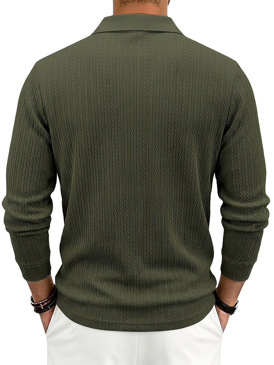 Spring/Autumn Men'S Long Sleeve Polo Shirt, High-Elastic Textured Vertical Rib Jacquard Collar T-Shirt, Business Casual Slim Fit Versatile Solid Color Pullover Top - Green