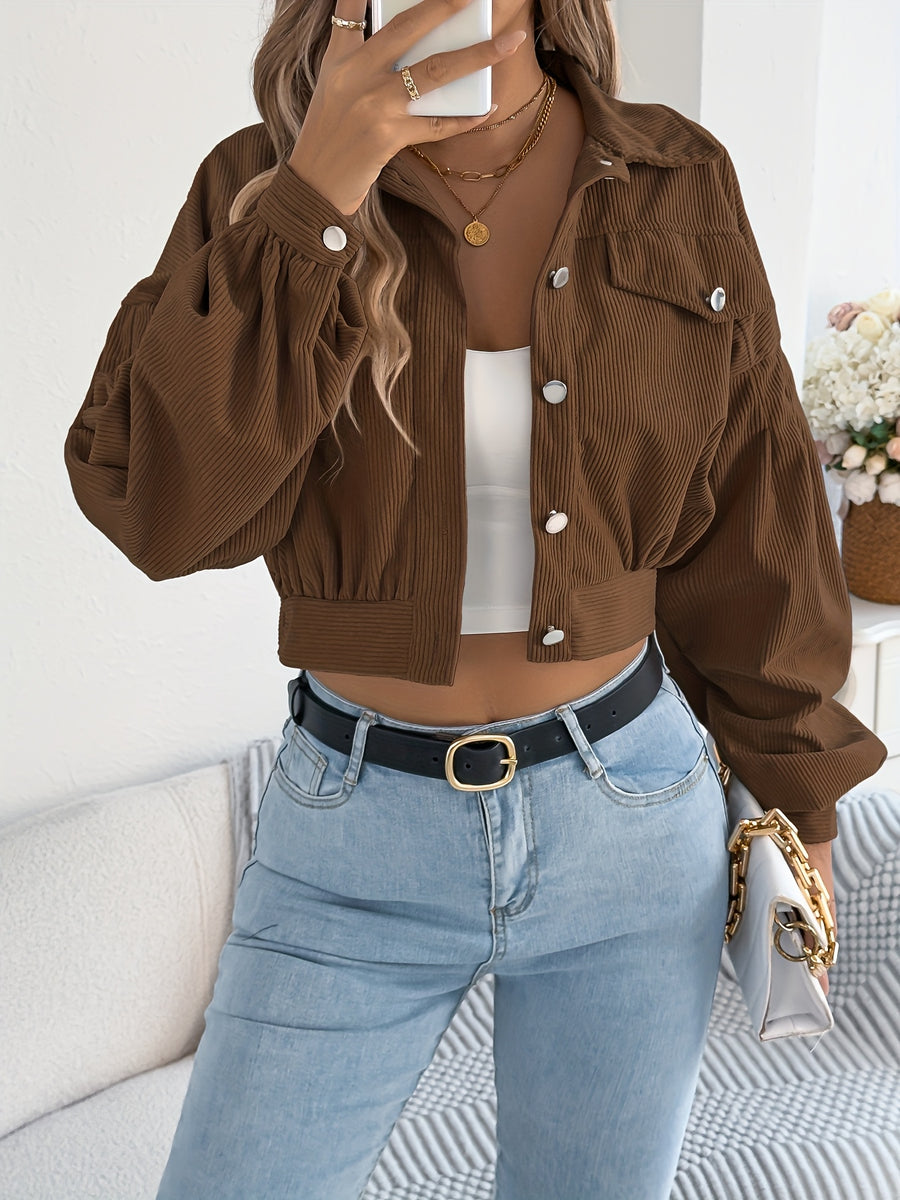 Spring Autumn Casual Vacation Solid Color Single Breasted Lantern Long Sleeve Corduroy Short Coat Women'S Jacket - Coffee Color
