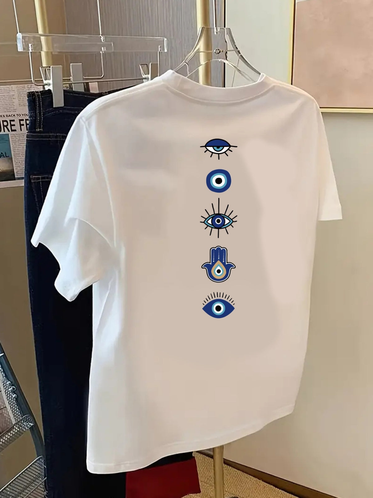 Evil Eye, Hamsa Hand Print Tshirt Short Sleeve Crew Neck Casual Top for Summer Spring, Women's Clothing - White