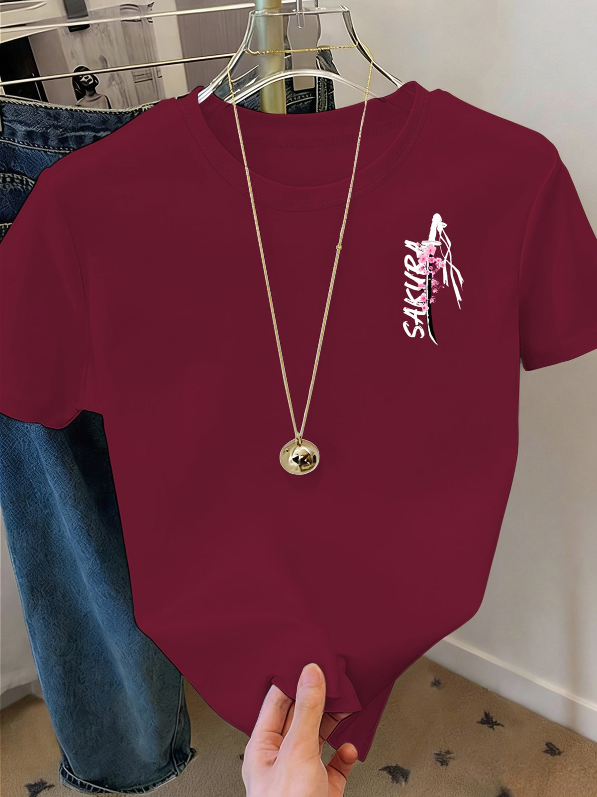 Women's Samurai Sword Print T-Shirt - Cherry Blossom & Katana Design Short Sleeve Round Neck -Compatible Fit Suitable for Spring Summer Fall Casual Wear, Machine Washable -Themed Outfits - Burgundy