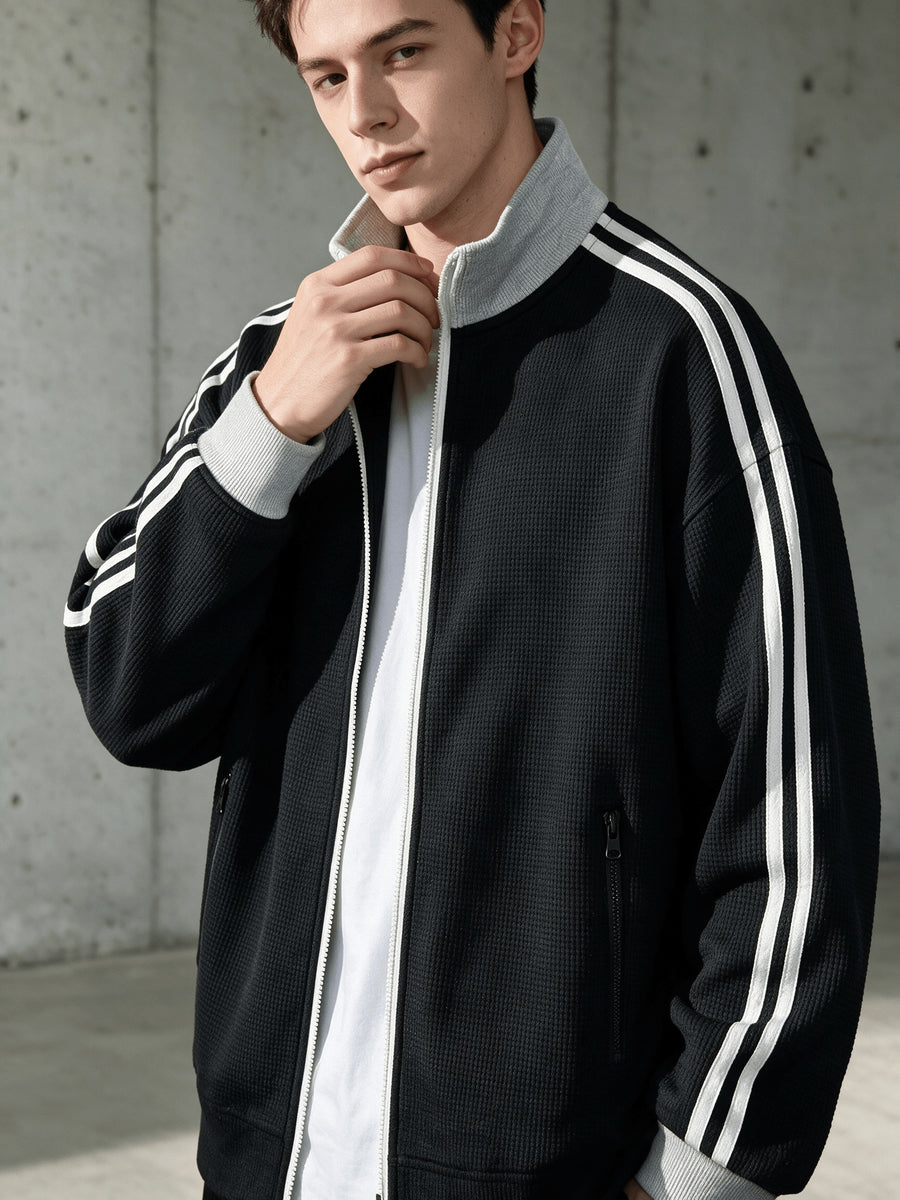 Stand Collar Striped Sports Jacket Waffle Knit Fabric Soft And Breathable Full Zip Closure for Easy Wear Double Zipper Pockets for Storage Drop Shoulder Loose Style Retro Casual, Spring, Fashion, Men, Outdoor, Quick-Dry - Black