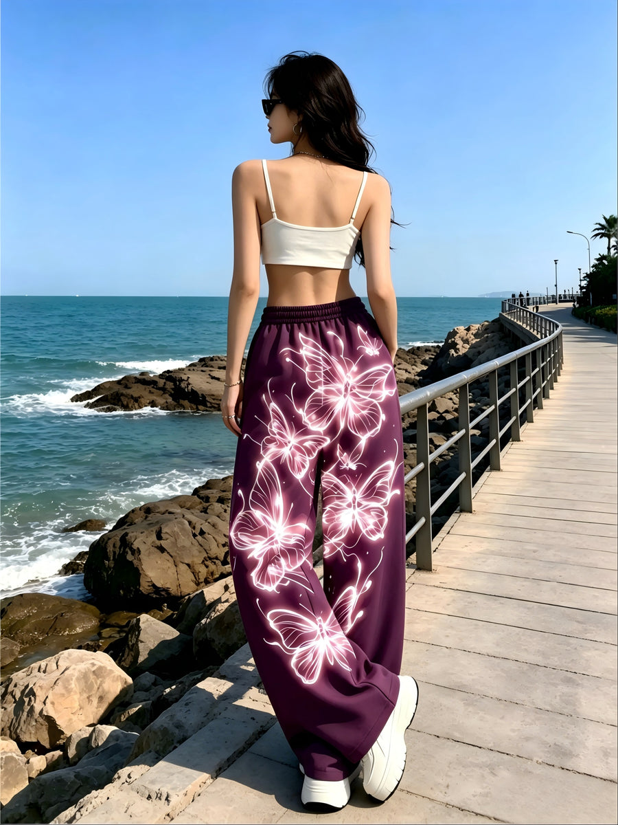 Women's Neon Butterfly Glow-in-the-dark Pattern Jogging Pants with Pockets, Elastic Waistband, and Straight-leg Design - Fuchsia