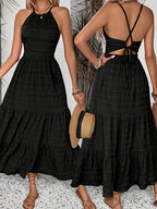 Women'S Sleeveless Black Ruffle Maxi Dress - Minimalist Peplum Style, Perfect for Summer, Ruffle Detail, Ruffle Dress | Ruffle Hem Dress | Ruffle Detailing, Maxi Dress - Black