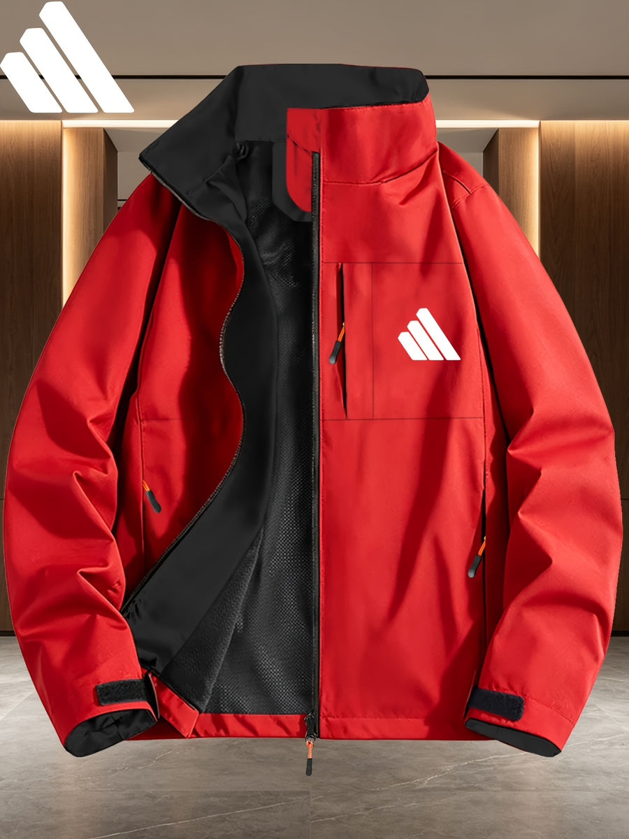 Minimalist Three-Slash Pattern Contrast Lining Full-Zip Stand Collar Windproof Jacket, Unisex Spring/Autumn White Multi-Pocket Outdoor Windbreaker - Red