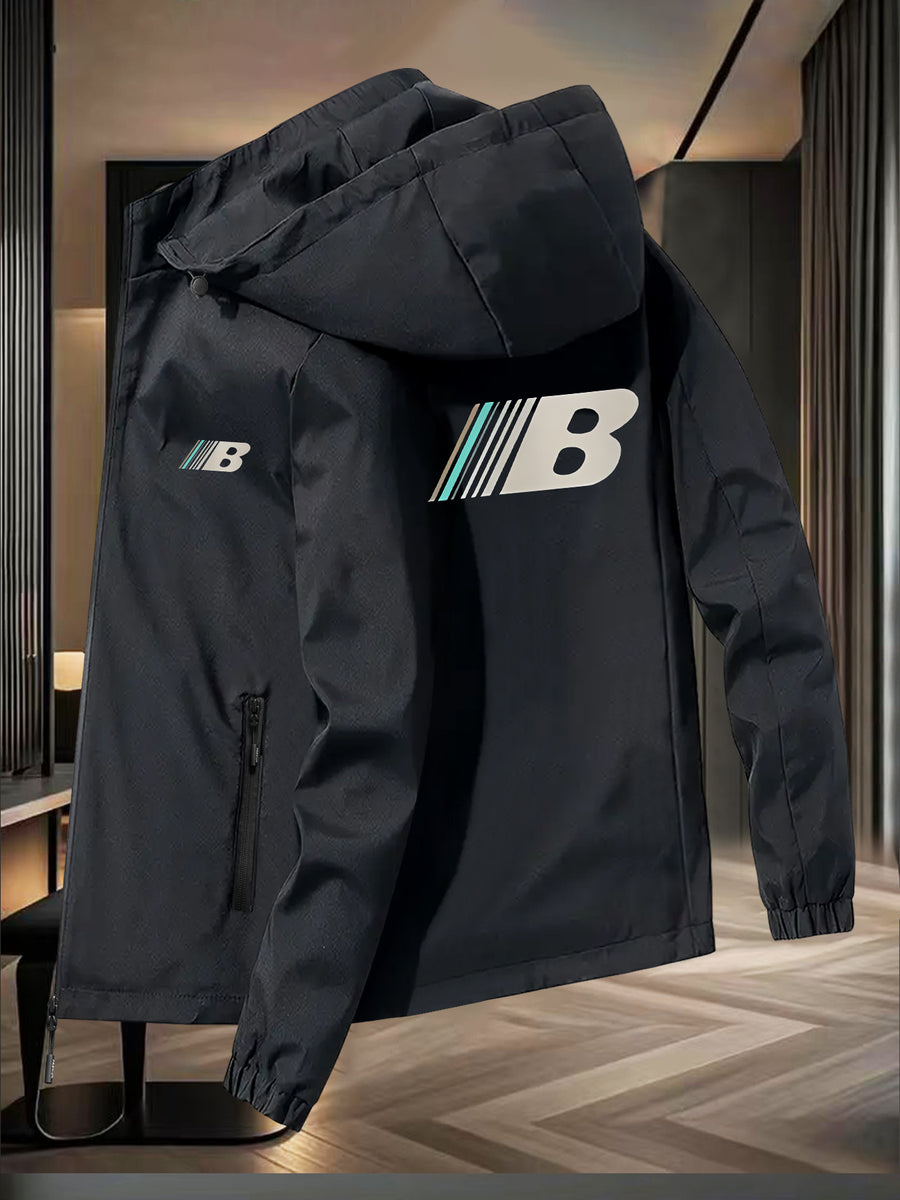 Men's Outdoor Winter Jacket Compatible for, Motorcycle & Casual Wear - Lightweight Windproof Hooded Zippered Coat with Loose Fit, Machine Washable (Autumn/Winter) - Black