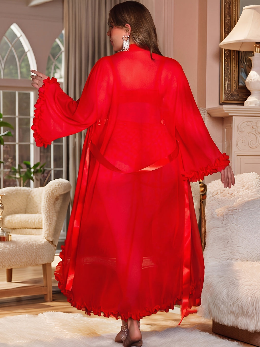 Plus Size French Sexy Mesh Lace Robe Set, Ruffled Cuffs Tie-Front Robe, Deep V Lace Bra High-Waist Tummy Control Lace Shorts, Home Casual Pajamas Lightweight Breathable Comfortable Atmospheric, Lace Lingerie 3pcs Set, Sexy Home Wear Set - Red