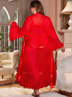 Plus Size French Sexy Mesh Lace Robe Set, Ruffled Cuffs Tie-Front Robe, Deep V Lace Bra High-Waist Tummy Control Lace Shorts, Home Casual Pajamas Lightweight Breathable Comfortable Atmospheric, Lace Lingerie 3pcs Set, Sexy Home Wear Set - Red