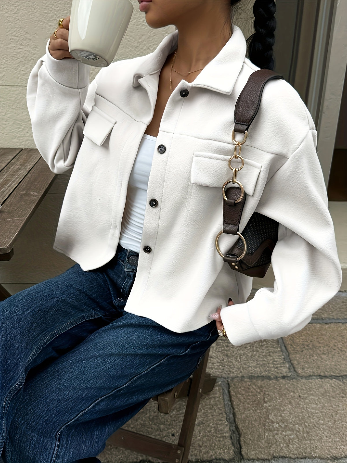 YY0904149 Women'S Lapel Short Jacket, Casual Utility Style Top, Jacket, Shirt Jacket, Spring/Autumn Style - Apricot