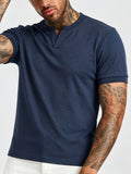 [Pearson OBM] Summer Cool Short Open V-Neck Men'S Henley Shirt, Stretchy Comfortable Solid Base Layer, Breathable And Flat Fit, Practical Men'S Birthday Gift Holiday Item, All-Scene Wear for Fitness, Hiking, Home, And Vacation - Navy Color