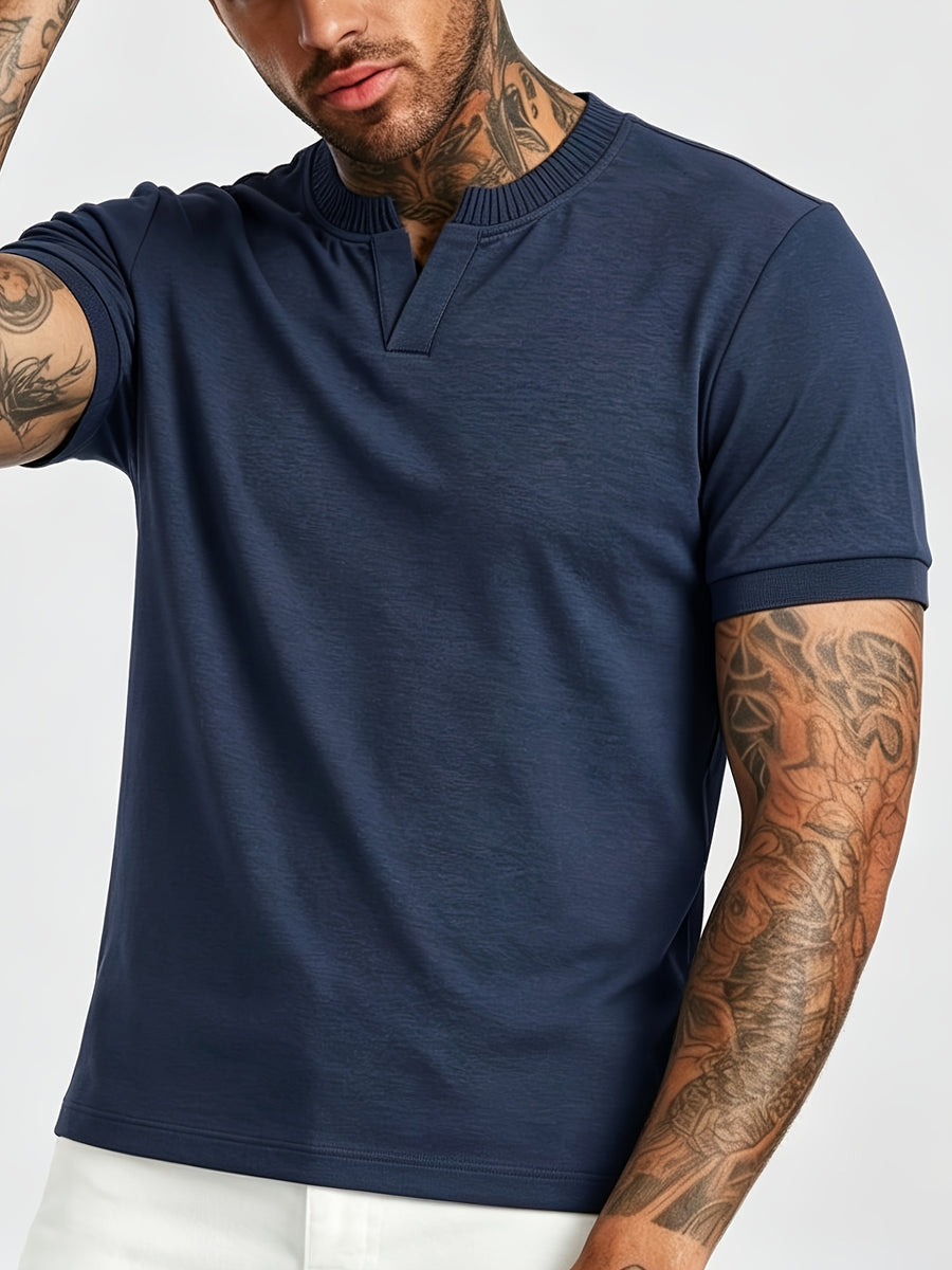 [Pearson OBM] Summer Cool Short Open V-Neck Men'S Henley Shirt, Stretchy Comfortable Solid Base Layer, Breathable And Flat Fit, Practical Men'S Birthday Gift Holiday Item, All-Scene Wear for Fitness, Hiking, Home, And Vacation - Navy Color