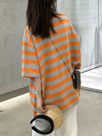 Spring/Summer Casual Oversized Women's T-Shirt with Round Neck and Short Sleeves - Orange Grey