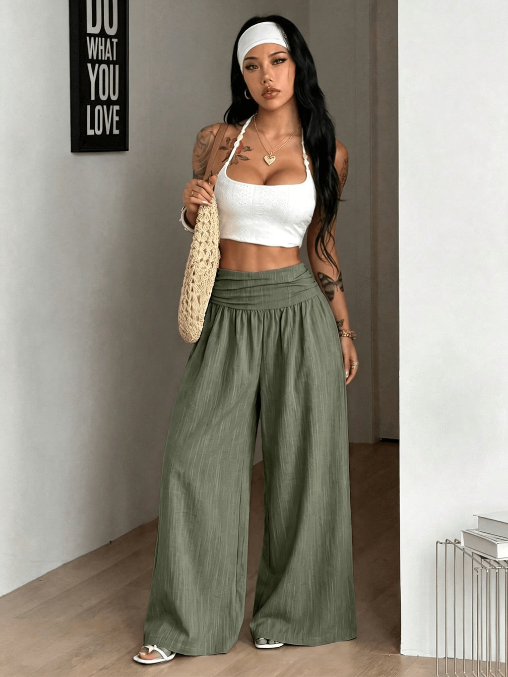 Women's Autumn/Winter Elegant Casual Vacation Solid Color Loose Textured Wide-Leg Pants - Olive Green