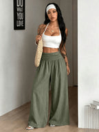 Women's Autumn/Winter Elegant Casual Vacation Solid Color Loose Textured Wide-Leg Pants - Olive Green