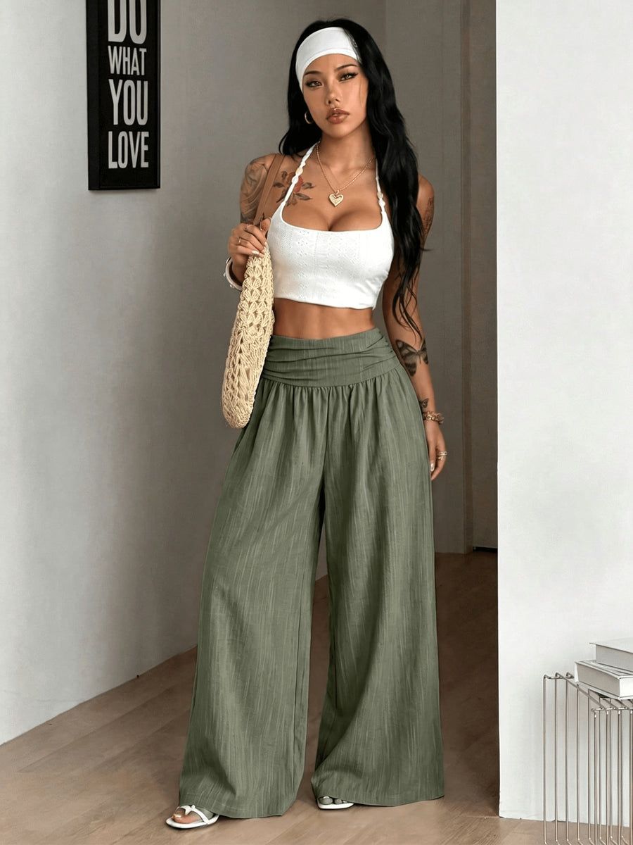 Women's Autumn/Winter Elegant Casual Vacation Solid Color Loose Textured Wide-Leg Pants - Olive Green