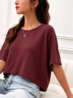 Women's Casual Loose-Fit Waffle Short Crop Crew Neck Short Sleeve T-Shirt for Daily Commuting - Burgundy