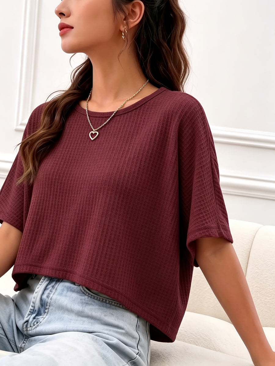 Women's Casual Loose-Fit Waffle Short Crop Crew Neck Short Sleeve T-Shirt for Daily Commuting - Burgundy