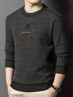 New Winter Men's Sweater, Crew Neck, Thickened and Warm, Men's Winter Clothing, Fashionable, Casual, and Comfortable Pullover Knitwear, Men's Winter -Lined Sweater, Men's Apparel with Letter Chest Logo, Winter Gift for Men - Black