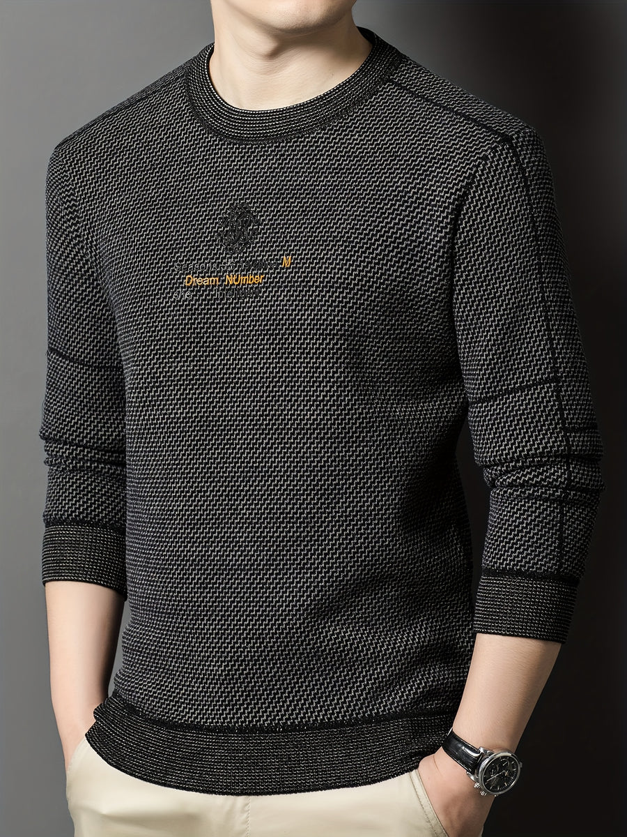 New Winter Men's Sweater, Crew Neck, Thickened and Warm, Men's Winter Clothing, Fashionable, Casual, and Comfortable Pullover Knitwear, Men's Winter -Lined Sweater, Men's Apparel with Letter Chest Logo, Winter Gift for Men - Black