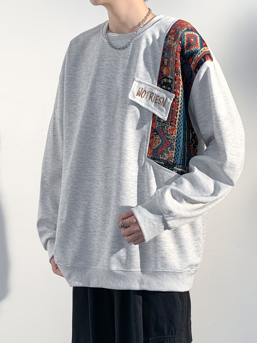 Men's Chinese Vintage Patchwork Crewneck Sweatshirt, Ethnic Style Embroidered Loose Drop-Shoulder Pullover, for Spring/Autumn Daily Streetwear Outings - Light Grey