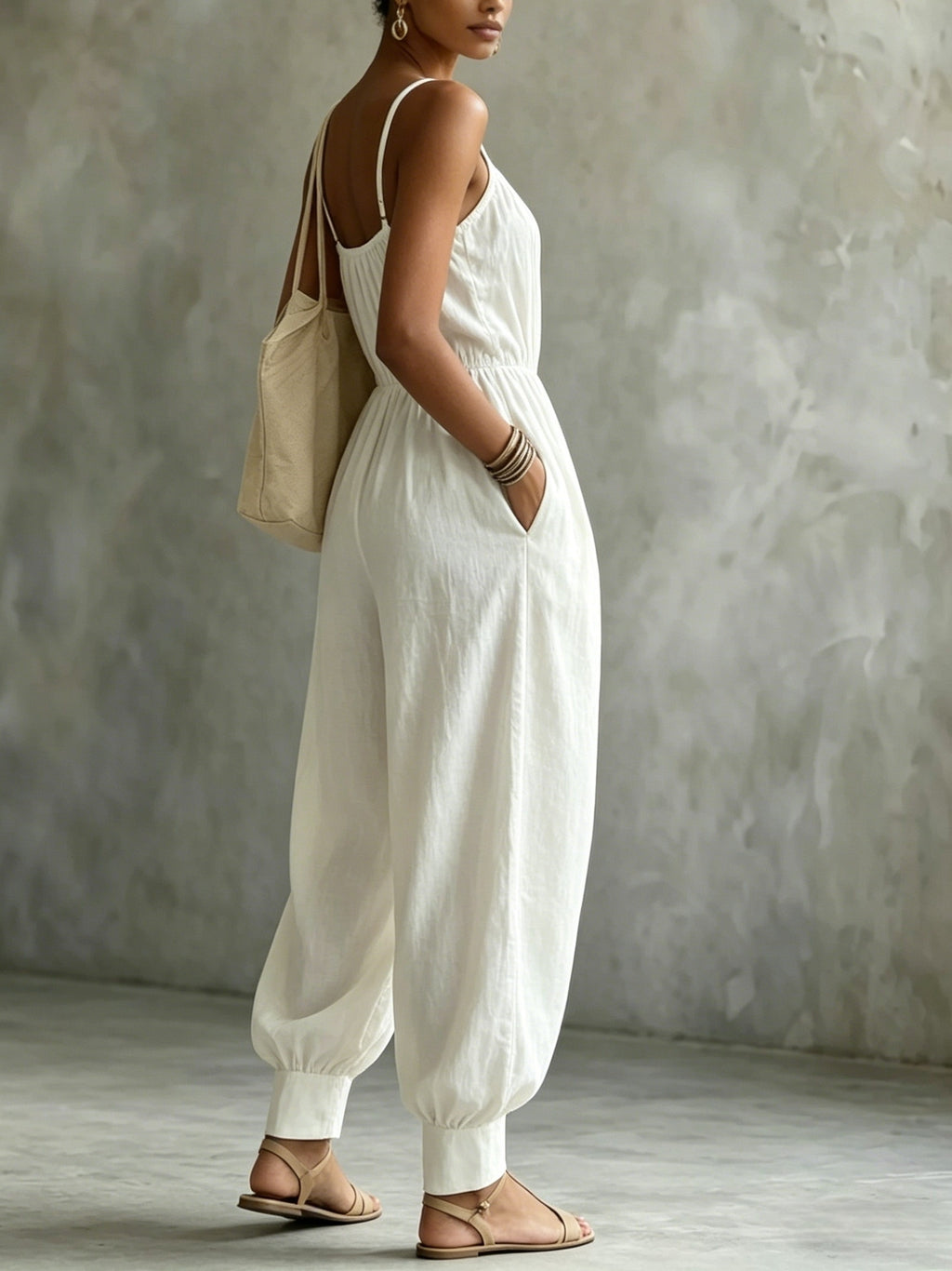 Women'S Elegant Vacation Style Cami Solid Color Backless Jumpsuit - Milky