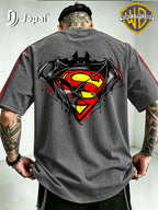 Official Warner Bros. Product, Hip-hop High Street DC Superman Batman Logo Print Stripe T-shirt, Loose Drop-shoulder Style Casual Summer Top, Machine Washable, Suitable for Daily Wear and Themed Events - Grey