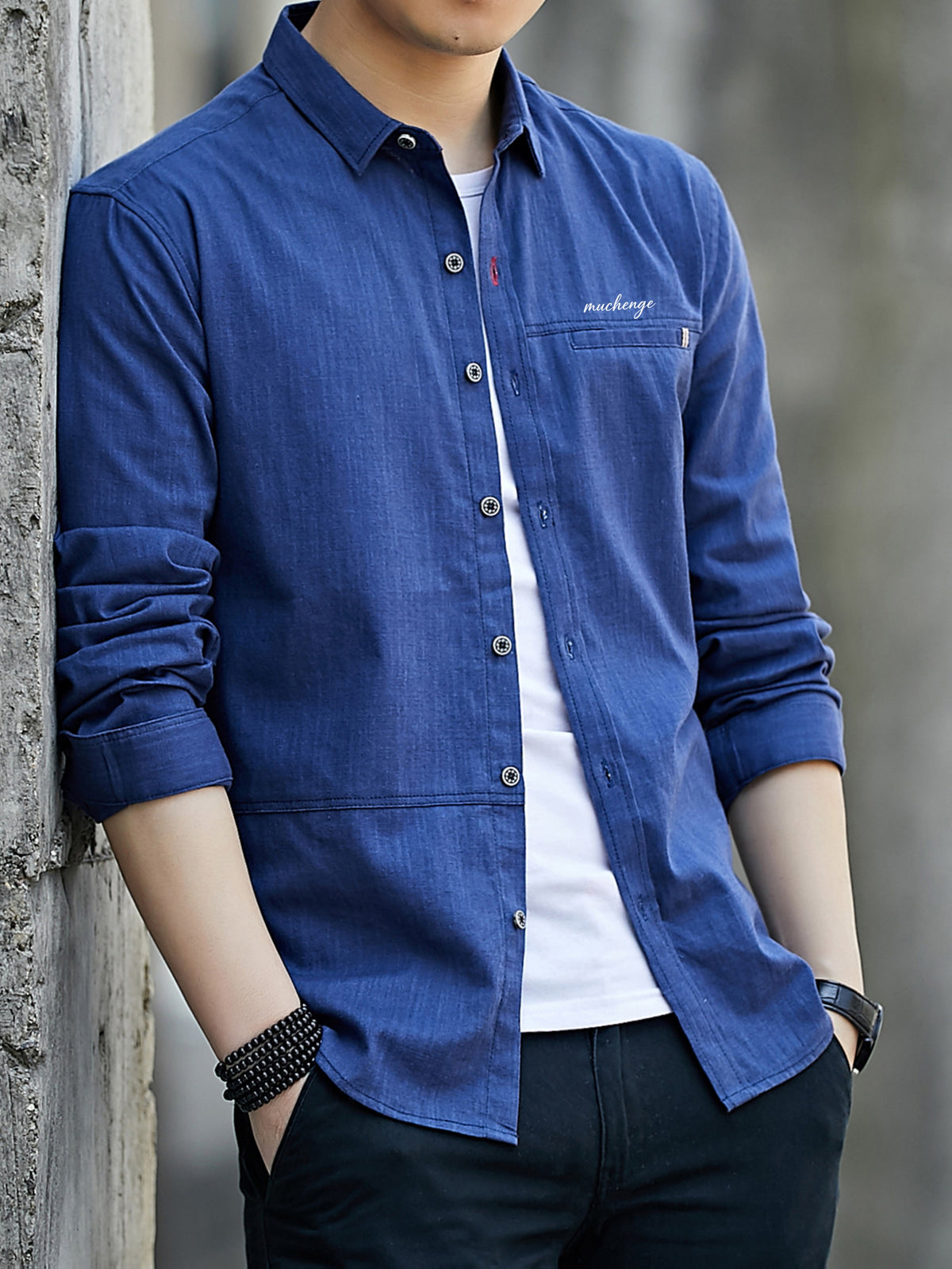 Men'S Casual Shirt, Spring/Autumn Style Linen-Like Collar Long Sleeve Versatile Solid Color Shirt, Minimalist Letter Print on Chest, Slim Fit Slimming Business Casual Top, Youth Daily Commute Versatile Men'S Clothing - Dark Blue