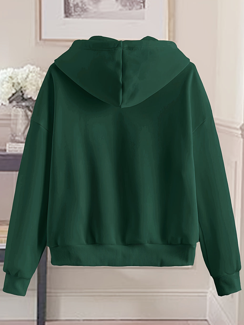 Love Print Hooded Zip-Up Sweatshirt Women'S Loose Casual Basic Cardigan Jacket - Dark Green
