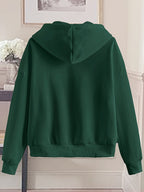 Love Print Hooded Zip-Up Sweatshirt Women'S Loose Casual Basic Cardigan Jacket - Dark Green