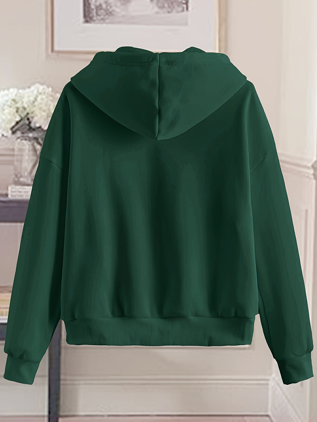 Love Print Hooded Zip-Up Sweatshirt Women'S Loose Casual Basic Cardigan Jacket - Dark Green
