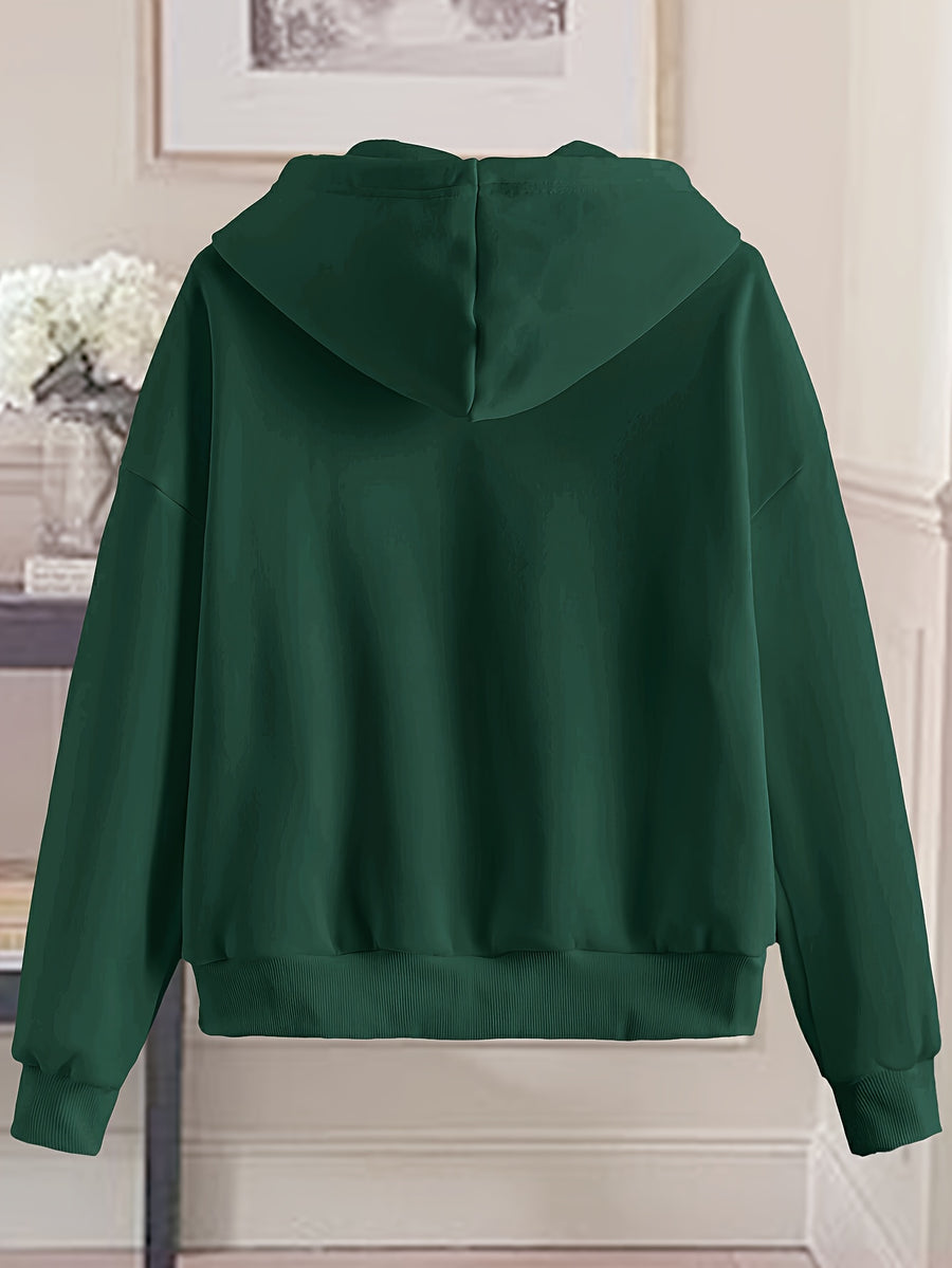 Love Print Hooded Zip-Up Sweatshirt Women'S Loose Casual Basic Cardigan Jacket - Dark Green