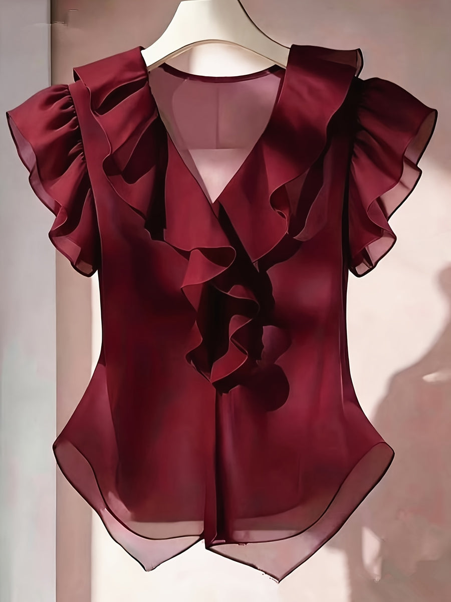 Summer French Solid Ruffled Fly Short Sleeve Shirt Chiffon Top Women'S - Burgundy