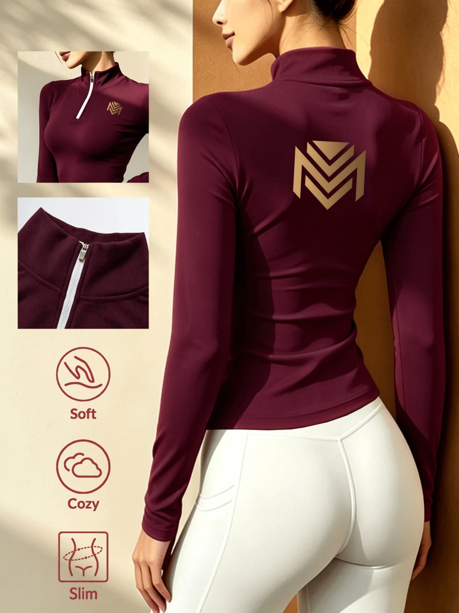 Women's Solid Color Half-Zip Long Sleeve Top, Waist-Cinching Thermal T-Shirt - Burgundy