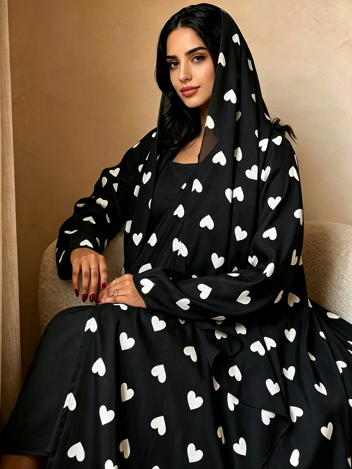 1 Set Heart Print Satin Abaya Set With, Elegant Flare Maxi Open Abaya for Women - Black