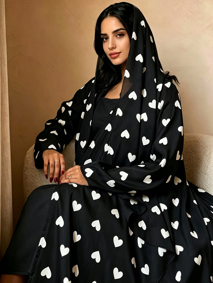 1 Set Heart Print Satin Abaya Set With, Elegant Flare Maxi Open Abaya for Women - Black