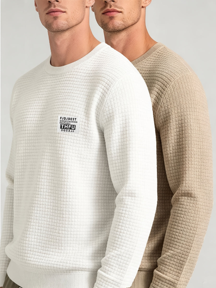 2pcs Men's Knit Pullover, Crew Neck Sweater in Different Color Combinations, Small Check Waffle Knit Texture, Warm and Comfortable for Autumn/Winter, Solid Color Simple and Versatile, Can Be Used as a Gift for Men - Light White+Khaki
