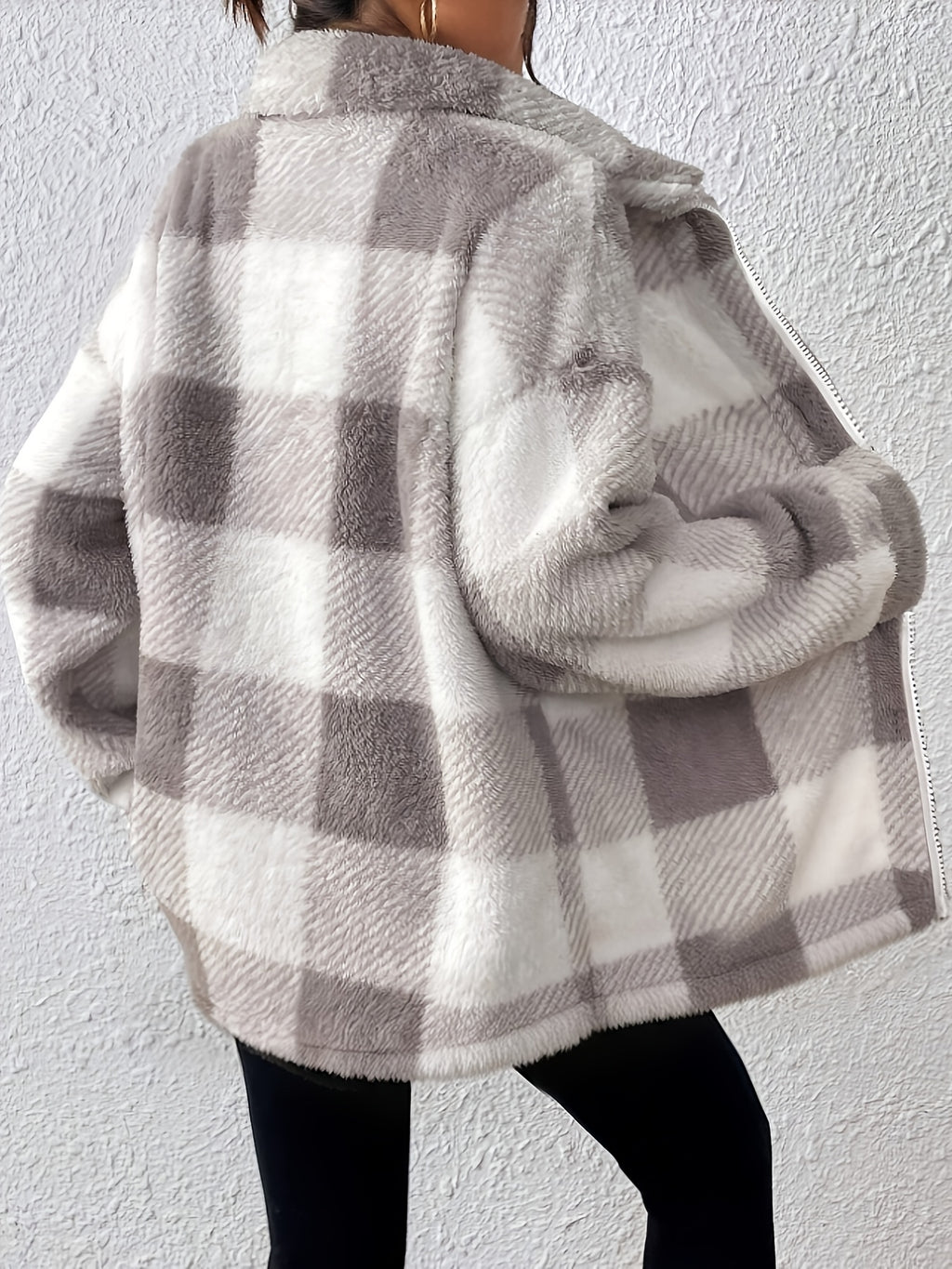 Autumn Winter New Women'S Plaid Plush Coat, Gray White Contrast Loose Zipper Faux Lamb Coat with Pockets, Casual Warm Teddy Coat - Beige Gray