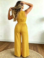 Targeted Development \ Women'S Western Style V-Neck Sleeveless Waist Bow Design Casual Fashion Versatile Jumpsuit - Suitable for Office, Home, Vacation - orange yellow