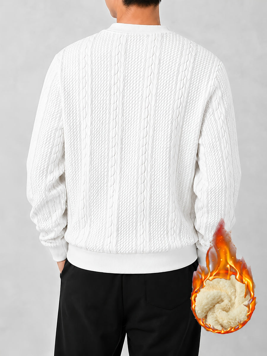 Men's Autumn/Winter Solid Color Cable Knit Textured Fleece-Lined Sweatshirt, Heavyweight Plush Fleece Thickened Lining, Cold-Proof Casual Crew Neck Pullover Base Layer - White