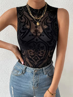Sexy Mesh Flocked Sleeveless Bodysuit - Black