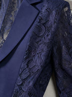 Women'S Thin Patchwork Lace Lightweight Suit Design Casual Temperament Three-Quarter Sleeve Casual Lapel Suit Top - Navy Color