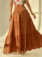 Bohemian Tiered Maxi Skirt, High-Waist Smocked A-Line Flowy Long Skirt, Casual Loose Pleated Solid Color Skirt for Beach Vacation Daily Wear, Women'S Fashion - Yellowish-brown