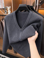 Autumn/Winter Knitted Solid Color V-Neck Sweater, Basic Knit Cardigan, Men's Fashion Long-Sleeve Knitwear, Set Y - Medium Gray