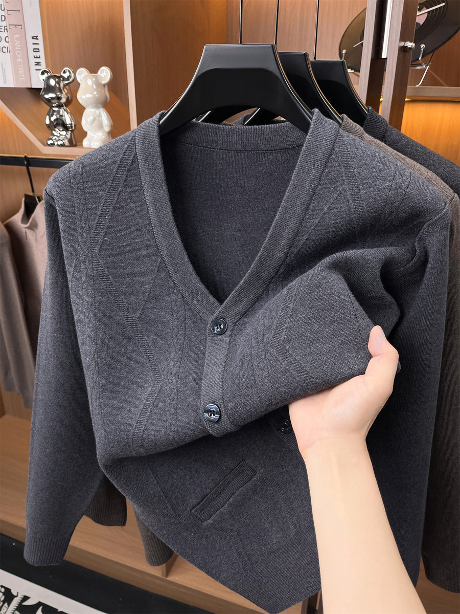 Autumn/Winter Knitted Solid Color V-Neck Sweater, Basic Knit Cardigan, Men's Fashion Long-Sleeve Knitwear, Set Y - Medium Gray