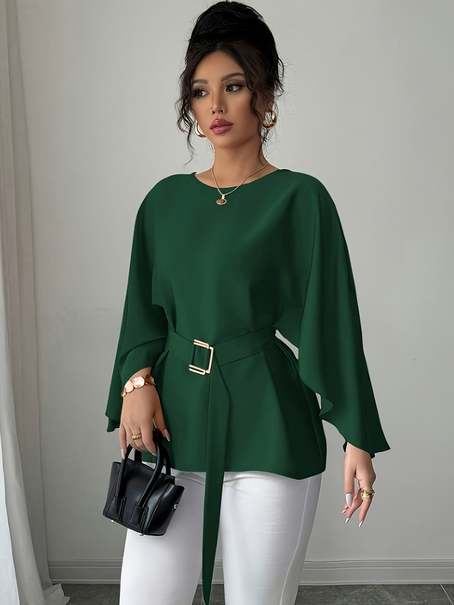 Round Neck Long Sleeve Loose Waist Tie Elegant Noble Versatile Top Trend - Dark Green