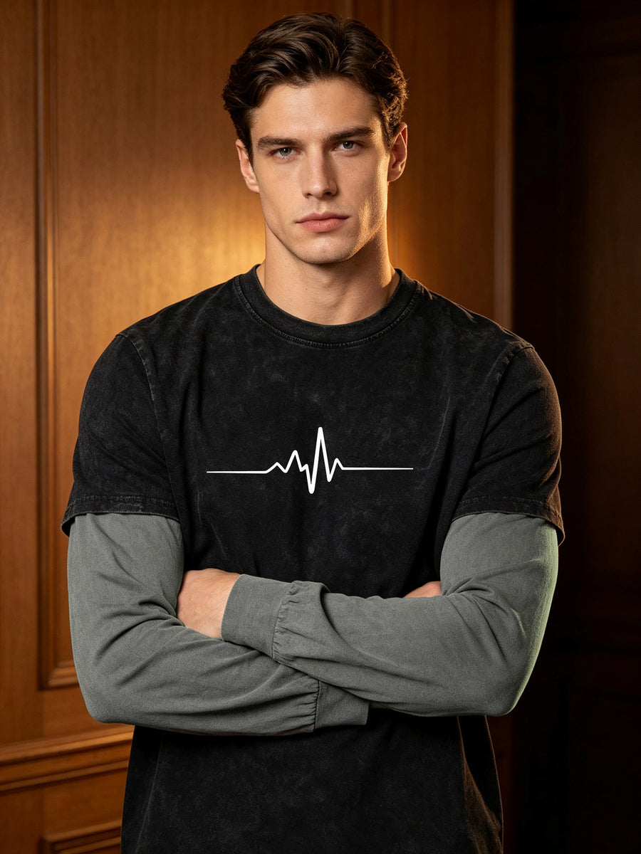 Men'S Faux Two-Piece Long Sleeve T-Shirt, Retro Washed Easy ECG Print Color-Block Gray Sleeve Top, American Street Loose Casual Long Sleeve T-Shirt - Black
