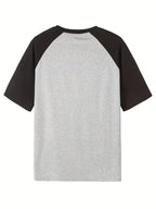 Retro Raglan Short Sleeve Men'S T-Shirt/Summer 2026 New Style/Color-Block Off-Shoulder Top/Casual Outing Outfit/Casual Athletic Top for Men/Round Neck Print Shirt - Grey+Black