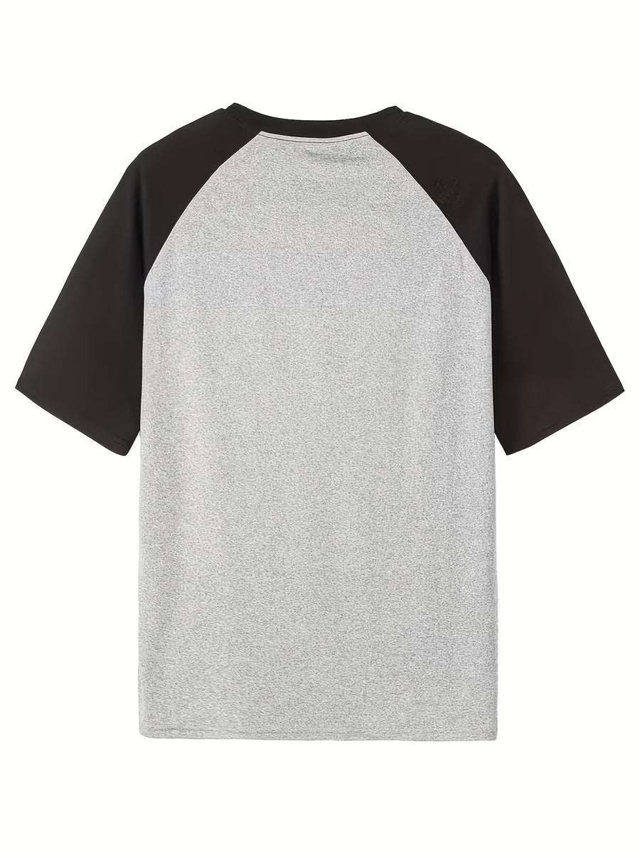 Retro Raglan Short Sleeve Men'S T-Shirt/Summer 2026 New Style/Color-Block Off-Shoulder Top/Casual Outing Outfit/Casual Athletic Top for Men/Round Neck Print Shirt - Grey+Black