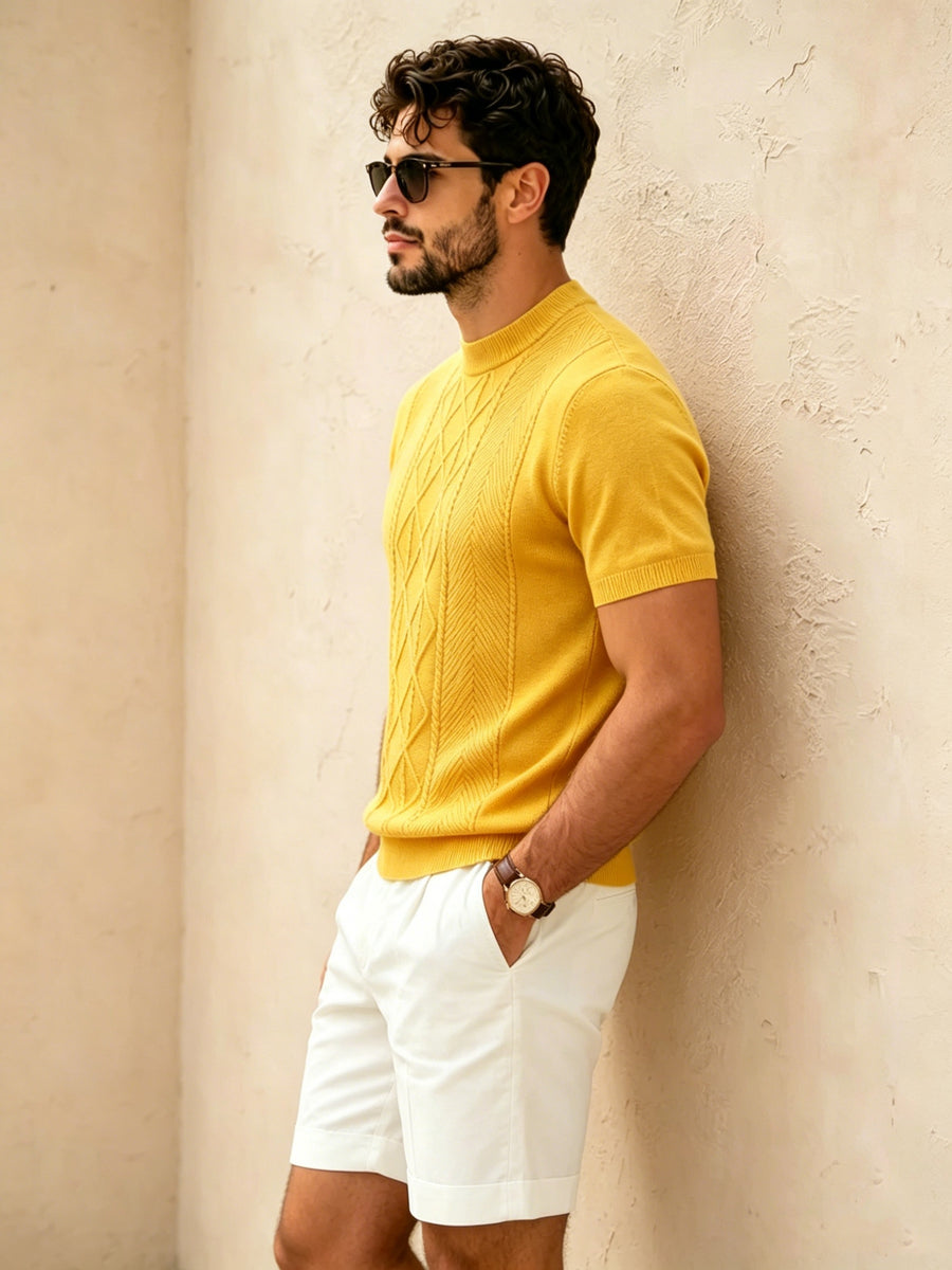 New Men S Solid Diamond-pattern Crew Neck Knit Short Sleeve Top for Casual & Sport Looks, Wearable in Spring, Fall and Winter as Standalone Outfit or Base Layer. Ultra-soft High-grade Fabric, Safe to Wear Next to Skin. - Yellowish-brown