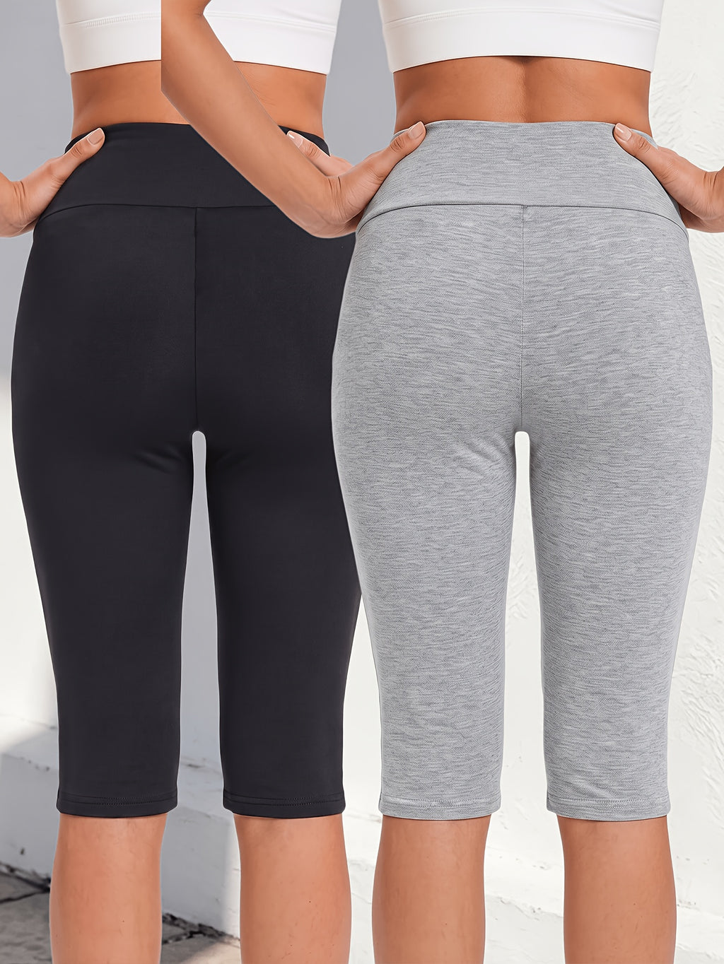 2pcs European and American Style Women's High-Stretch Tummy Control Five-Quarter S Pants, High-Waist Cycling Capris with Dual Pockets - Light Grey+Black
