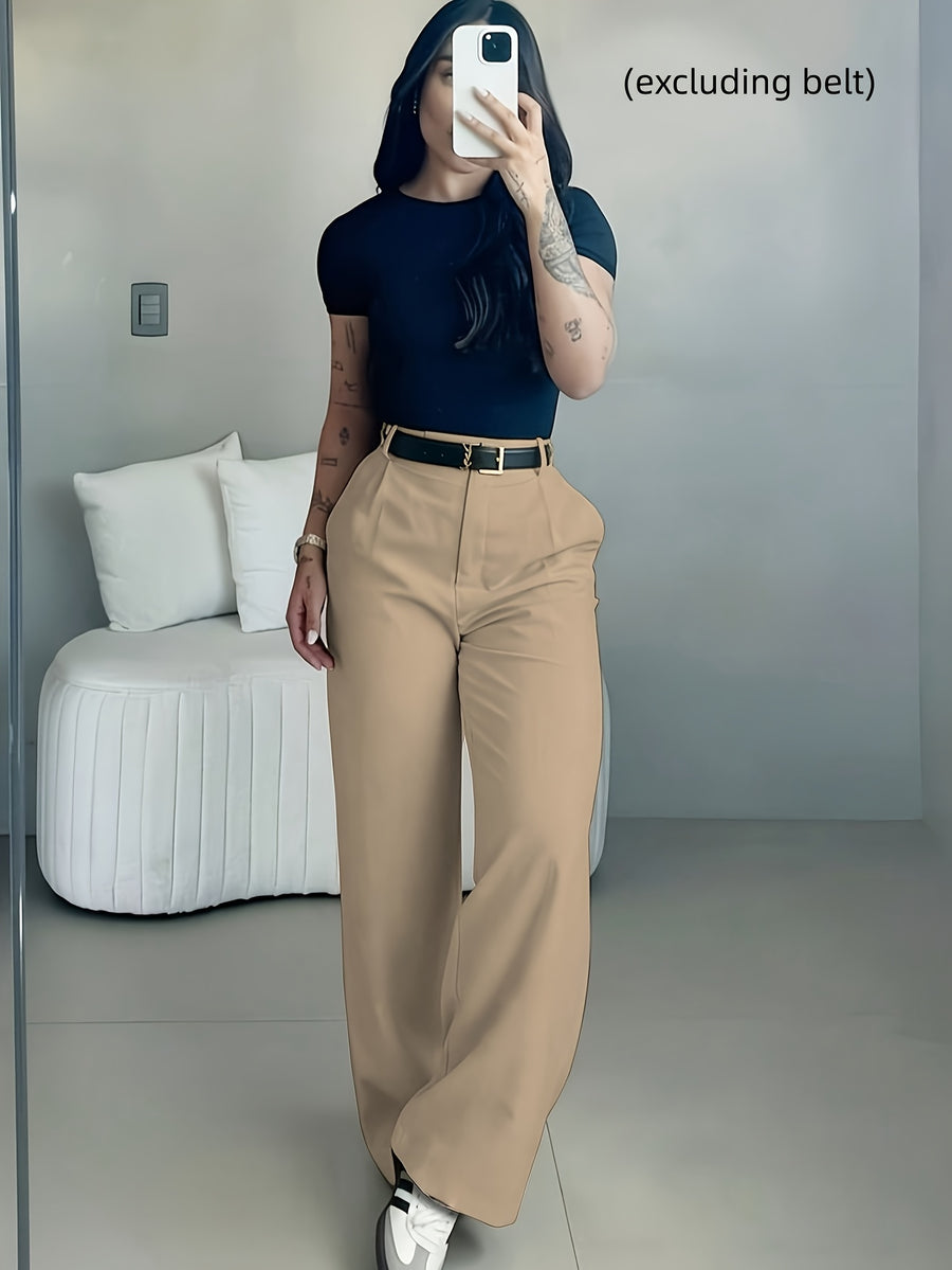 Elegant Easy Design Flare Pants for Women | Chic Solid Color, Suitable for Commuting, Office, and Casual Attire Not Included (excluding Belt) - Khaki